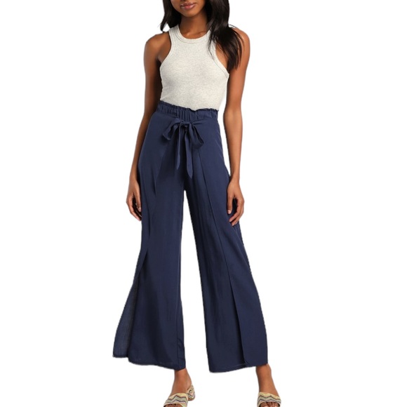 NWT Lulus Always Here For You Navy Blue Tie Wrap Front Wide Leg Pants - XS - Picture 14 of 14
